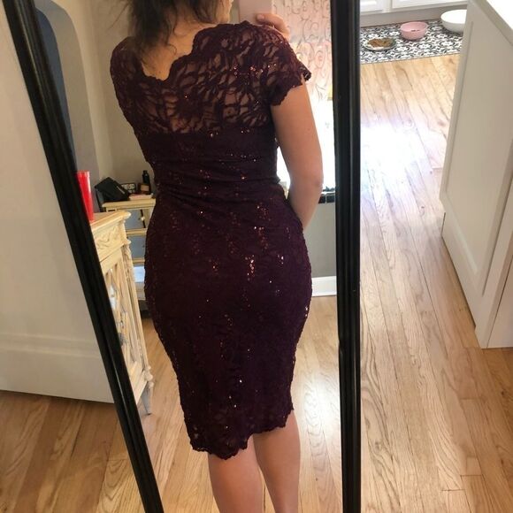 MARINA Sequin Lace Stretch Cocktail Dress Mini Vneck Purple Size 6 - Picture 3 of 7